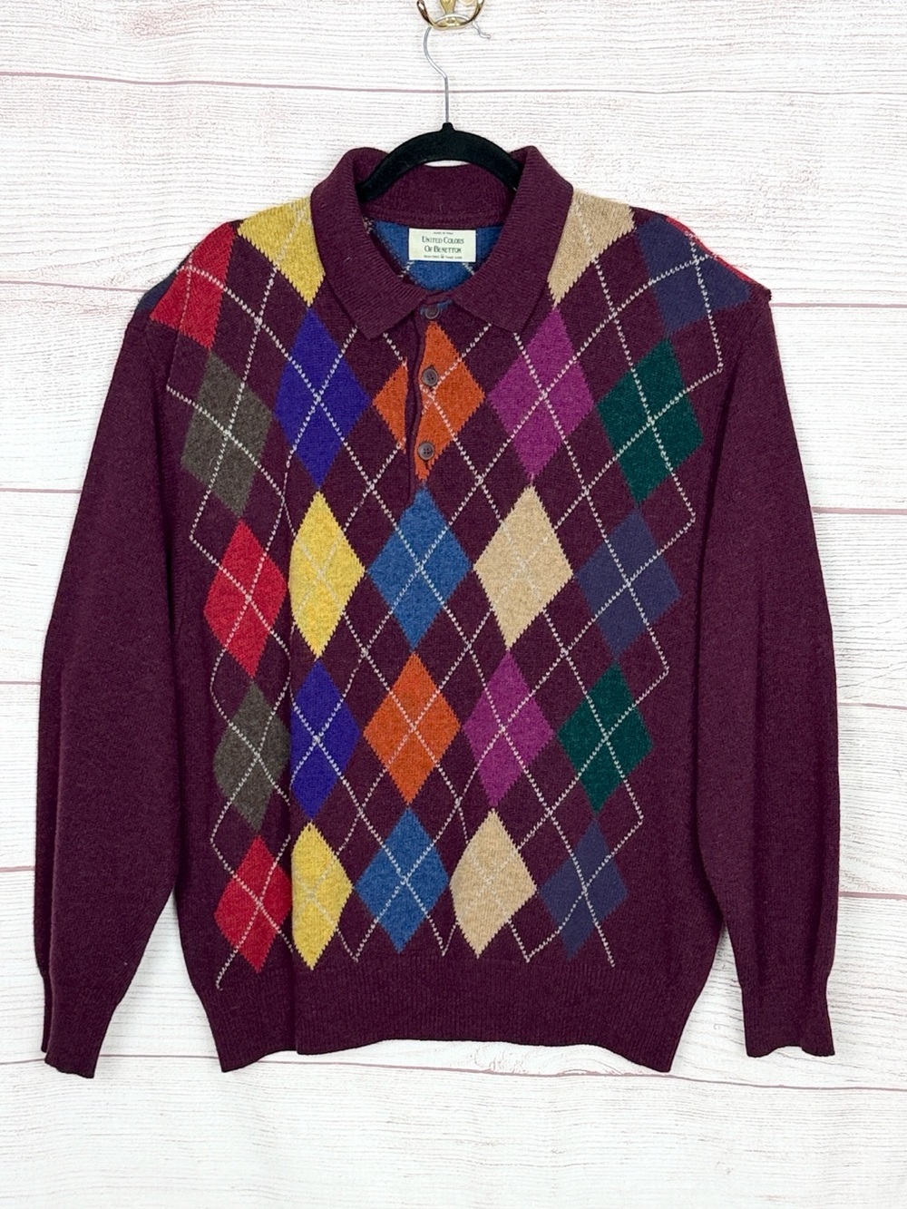 Vintage 1980s Benetton Men’s 52 /L Lambswool Argyle Polo Sweater Made in Italy